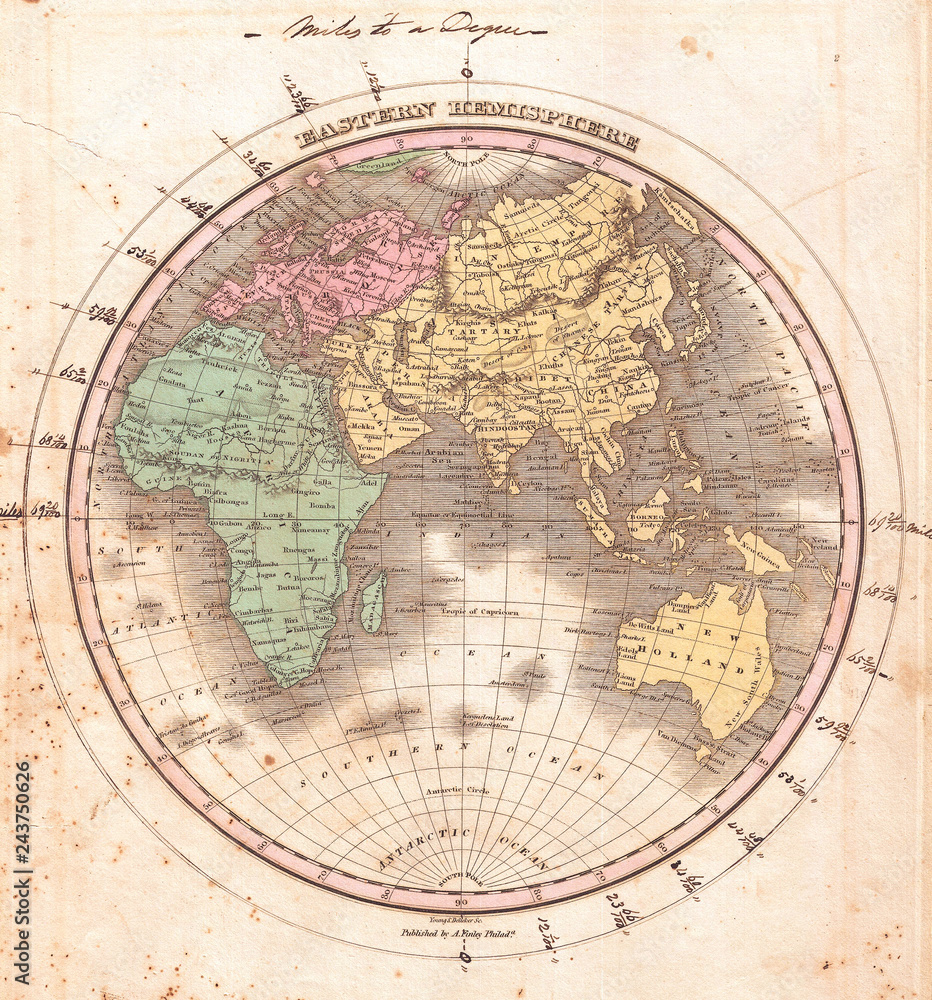 1827, Finley Map of the Eastern Hemisphere, Asia, Australia, Europe, Africa, Anthony Finley mapmaker of the United States in the 19th century