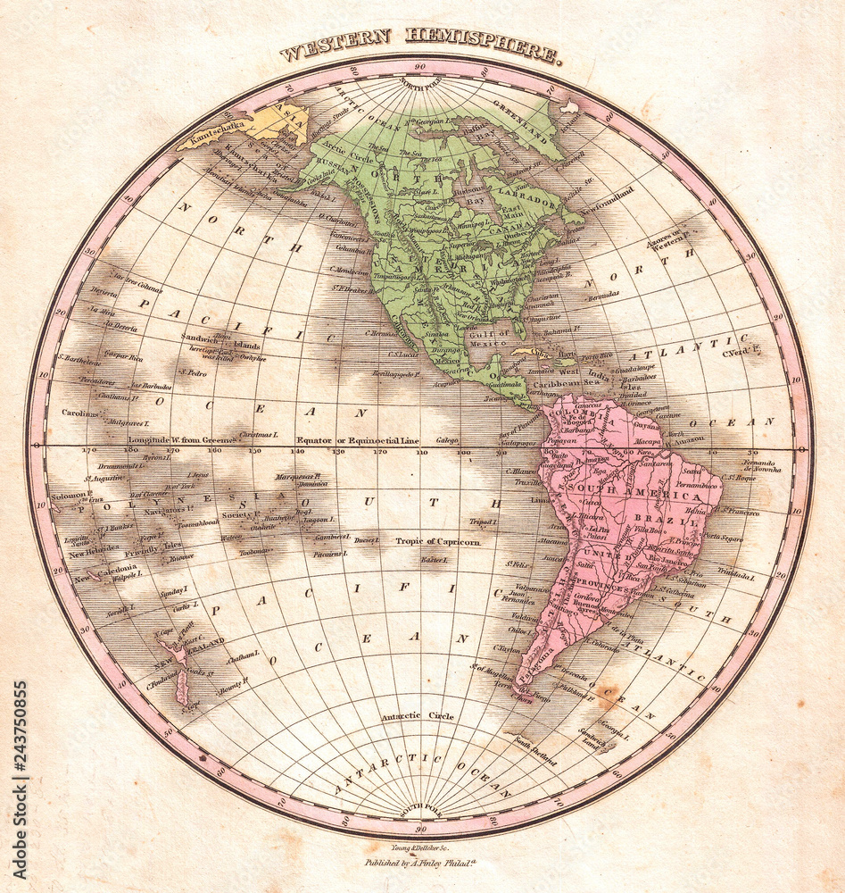 1827, Finley Map of the Western Hemisphere, North America, South