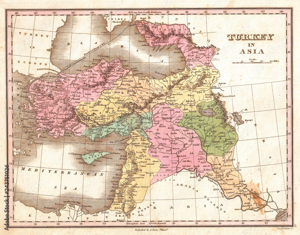 1827, Finley Map of Turkey in Asia, Iraq and Israel, Palestine, Anthony Finley mapmaker of the United States in the 19th century