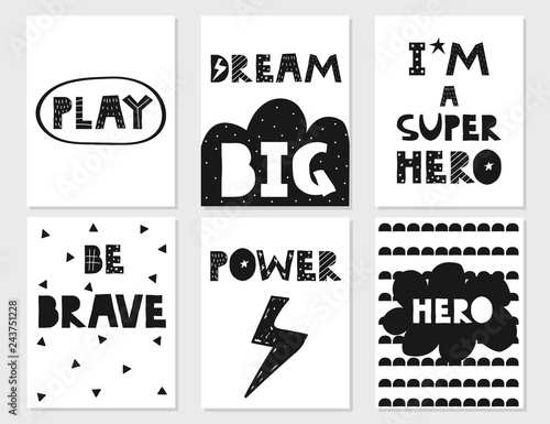 Set of kids white and black posters with quote. Vector hand drawn illustration.