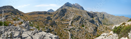 Spain. Mallorca. Tie knot of the road to Port Sa Calobra (Mirador Coll dels Reis). Panorama of the serpentine to the West