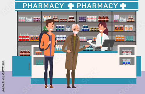 People buying medicine at drugstore. Medical theme