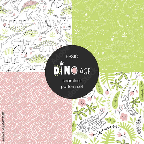 Dinosaur themed vector seamless background set includes cute dino reptiles, exotic leaves and flowers, geometric dots patterns, vector graphics, kids and baby summer textile tee shirt apparel print