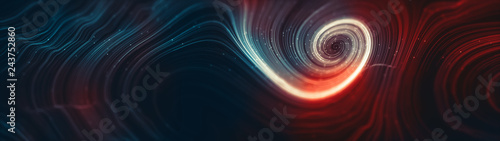 Abstract creative modern colorful ultra wide background. Neon glowing twisted cosmic lines. Beautiful swirls, bright turbulence curls. Smooth astronomy vortex structure. 3d rendering photo