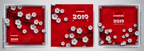 2019 chinese new year banners set, traditional sakura cherry flowers, tree branches, clouds, pattern oriental background with frame. Holiday design collection, paper cut out style, vector illustration