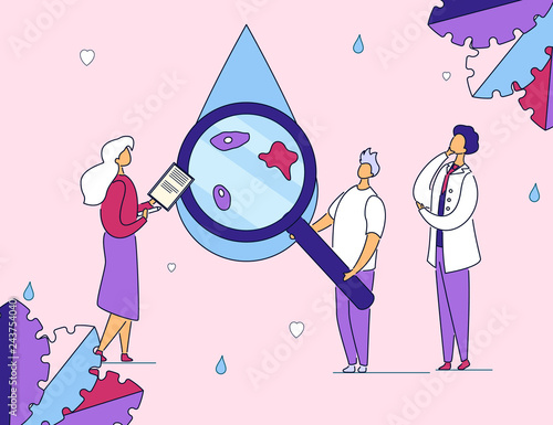 Colorful modern flat cartoon characters business preservation,analysis,clean water production concept.Flat style outline character little doctor people work-analyze,research waterdrop with magnifier