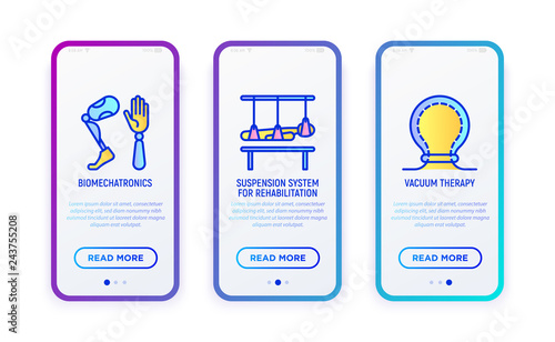 Rehabilitation for disabled thin line icons set: biomechatronics, suspension system, vacuum therapy. Vector illustration for user mobile interface.