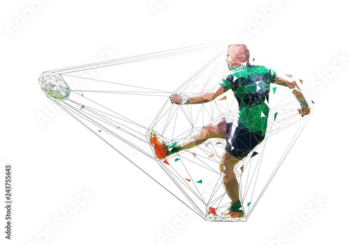 Rugby player kicking ball, isolated low poly vector illustration. Team sport