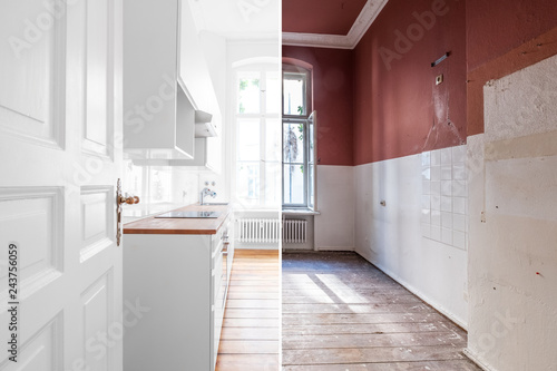 Quadro su tela renovation concept - kitchen room before and after restoration