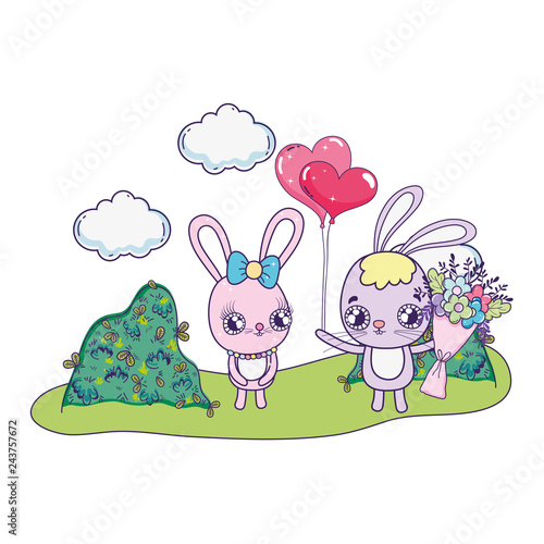 cute rabbits couple with flowers valentines day photo