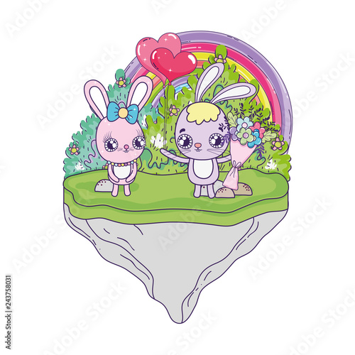 cute rabbits couple with flowers valentines day photo