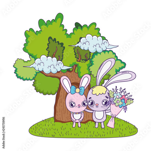 cute rabbits couple with flowers valentines day photo