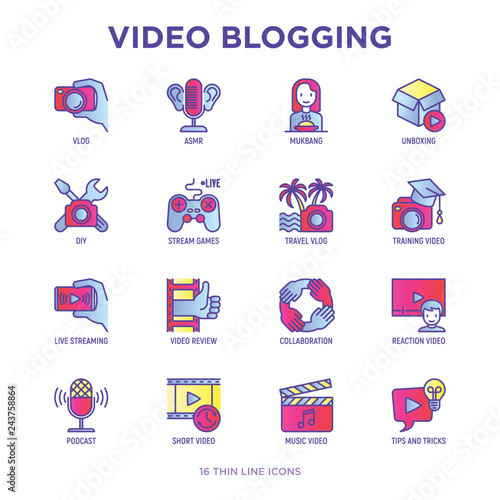 Video blogging thin line icons set: vlog, ASMR, mukbang, unboxing, DIY, stream game, review, collaboration, podcast, tipa and tricks. Modern vector illustration.