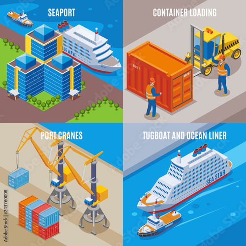 Four Seaport Isometric Icon Set