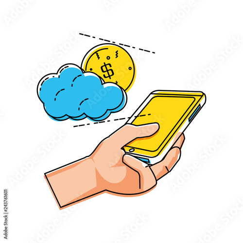 hand using smartphone with cloud and coin