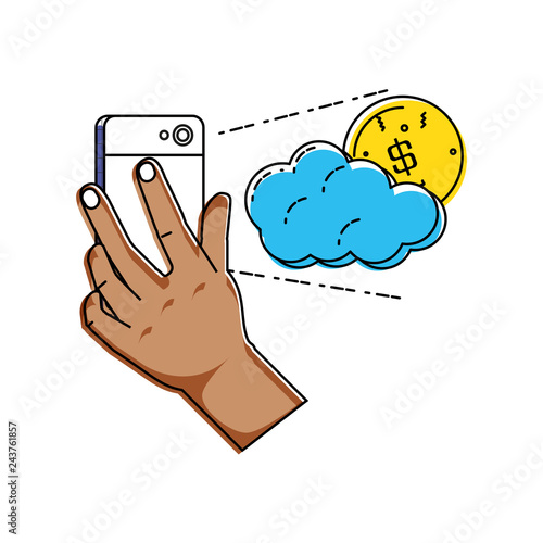 hand using smartphone with cloud and coin
