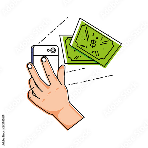 hand using smartphone with bills dollars