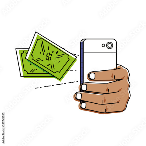 hand using smartphone with bills dollars