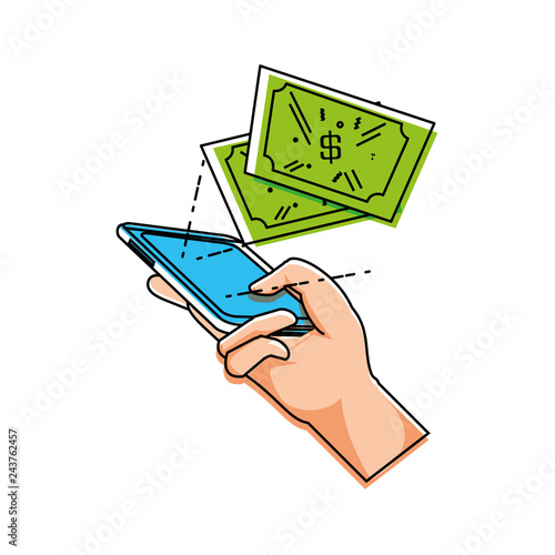 hand using smartphone with bills dollars