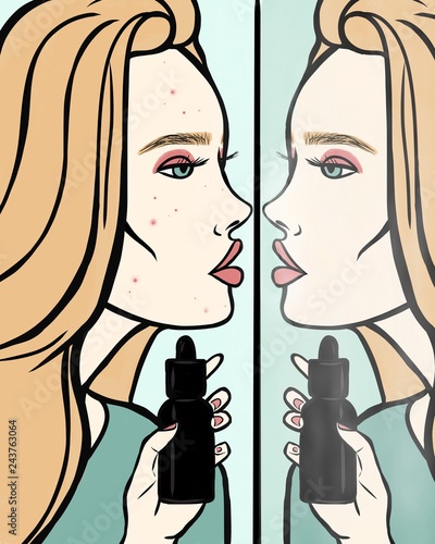 Young woman portrait. Girl with acne on her face looking in the mirror and holding black cosmetics bottle. Illustration on cyan background. Beauty concept 