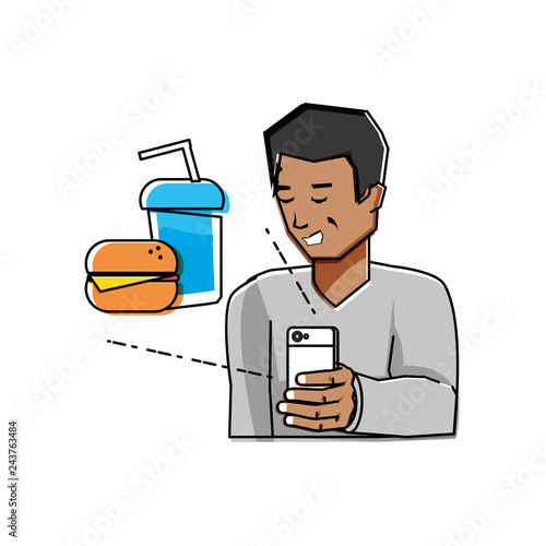 young man using smartphone buying burger