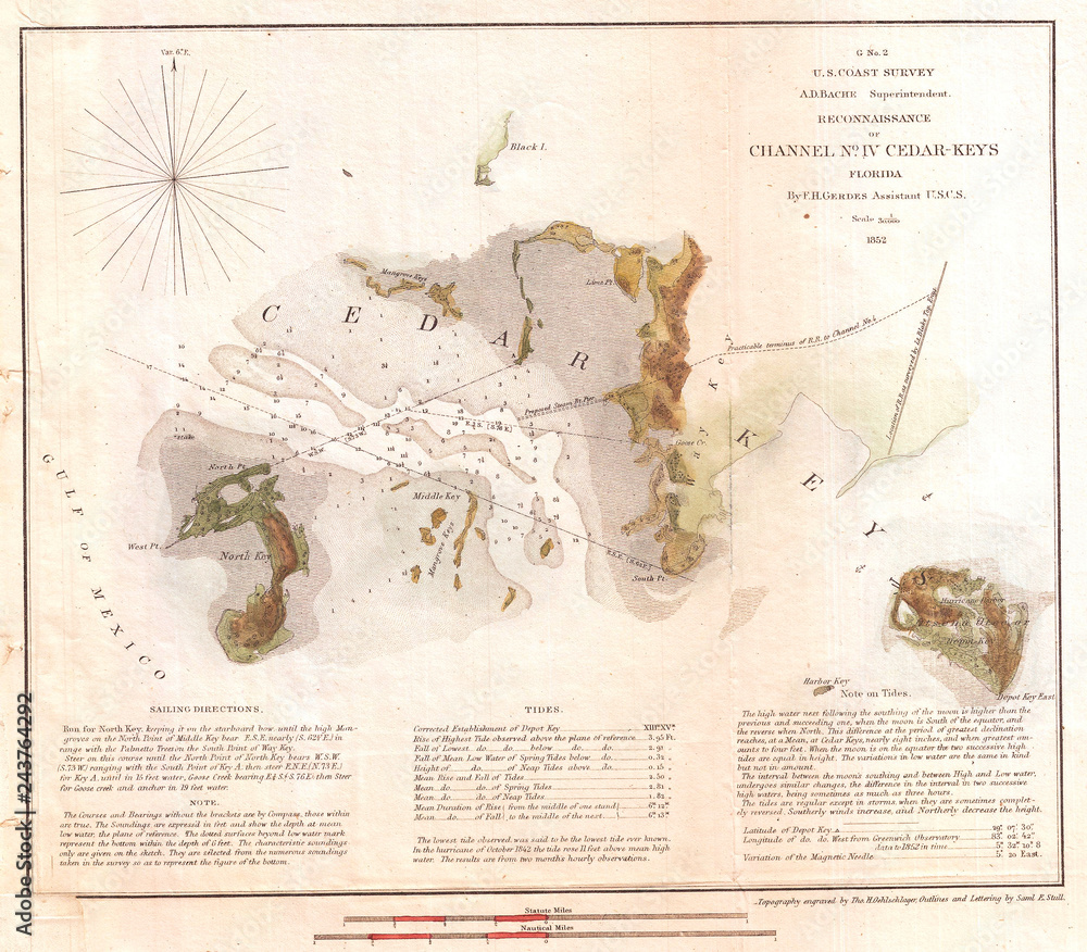 Obraz premium 1852, U.S. Coast Survey Map of Cedar Key, Florida