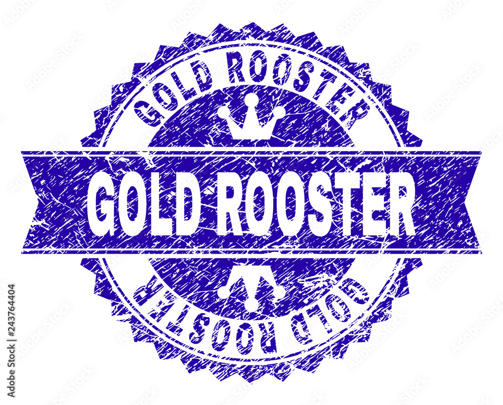 GOLD ROOSTER rosette stamp watermark with grunge texture. Designed with round rosette, ribbon and small crowns. Blue vector rubber watermark of GOLD ROOSTER label with retro texture. GOLD ROOSTER rosette stamp watermark with grunge texture. Designed with round rosette, ribbon and small crowns. Blue vector rubber watermark of GOLD ROOSTER label with retro texture.