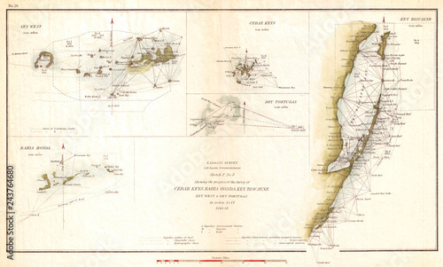 1853, U.S. Coast Survey Map of Key Biscayne Bay, Key West and the Cedar Keys, Florida