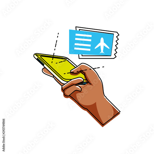 hand using smartphone buying tickets flight