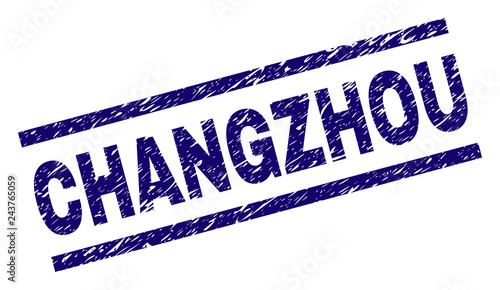 CHANGZHOU seal print with distress style. Blue vector rubber print of CHANGZHOU text with unclean texture. Text caption is placed between parallel lines.