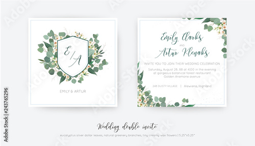 Wedding double invite, invitation, save the date card floral design. Elegant monogram with silver dollar eucalyptus greenery leaves, green branches & creamy powder wax flower wreath. Trendy classy set