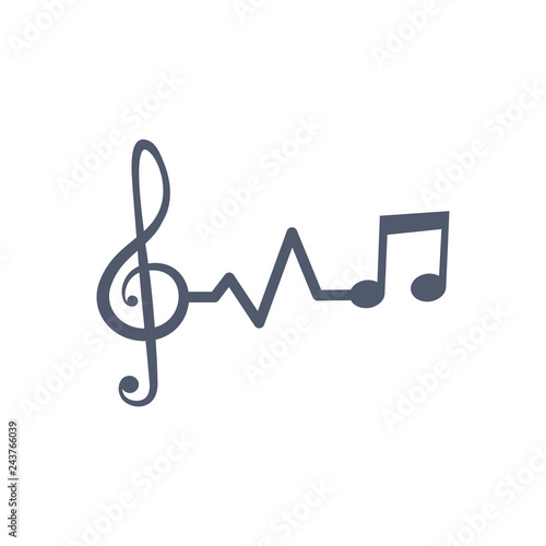 Heartbeat pulse line music with notes and clef, vctor illustration isolated on white background.