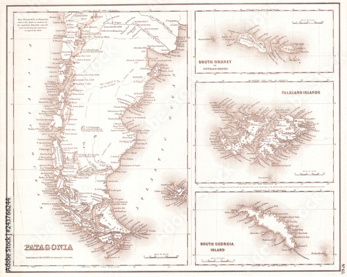 Canvas Print 1855, Map of Patagonia, Argentina, Falkland Islands