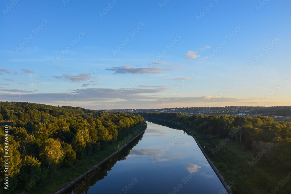 Moscow canal in the Dmitrov district of the Moscow region. Top view