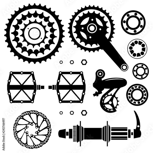 Bicycles. Set of bicycle parts. Start flag. Isolated vector image.
