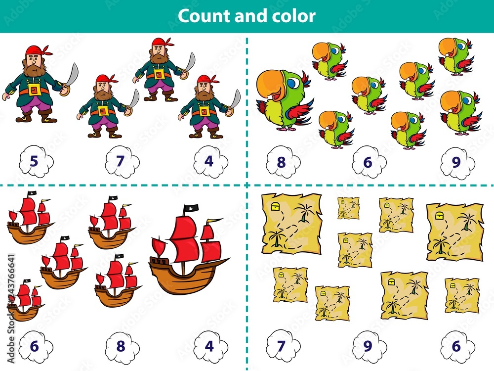 Educational game for preschool children. Count and color the circle with correct answer. Set of cartoon pirate characters. Vector illustration
