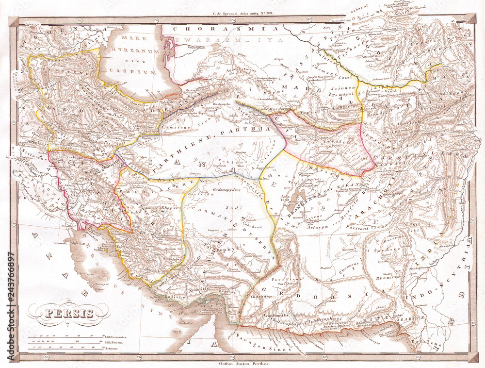 1855, Spruneri Map of Persia, Iran, Iraq, Kuwait