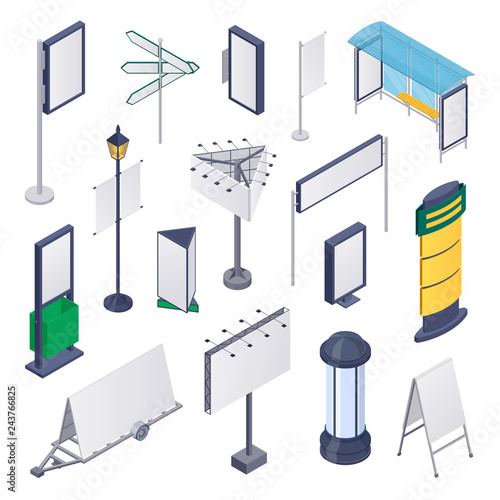 Street outdoor advertising, vector 3d isometric design elements. Empty billboards, banner, poster mockup