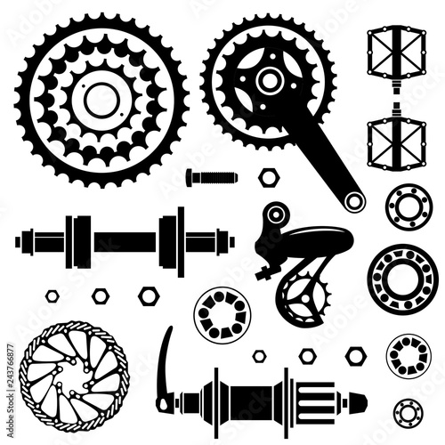 Bicycles. Set of bicycle parts. Start flag. Isolated vector image.