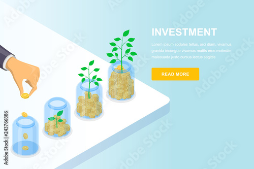 Investment and finance growth business concept. Vector 3d isometric illustration. Banner  landing page design template.