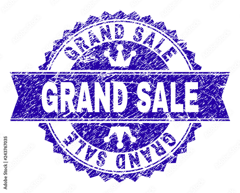 GRAND SALE rosette stamp seal watermark with distress effect. Designed with round rosette, ribbon and small crowns. Blue vector rubber watermark of GRAND SALE text with grunge texture. GRAND SALE rosette stamp seal watermark with distress effect. Designed with round rosette, ribbon and small crowns. Blue vector rubber watermark of GRAND SALE text with grunge texture.