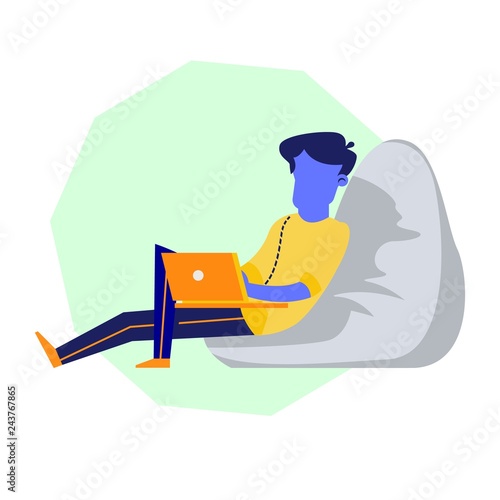 Male Character in Beanbag Chair Working on Laptop