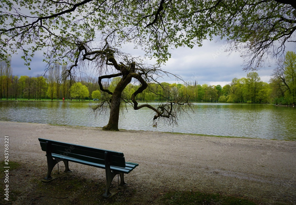 Pusta ławka nad stawem w parku