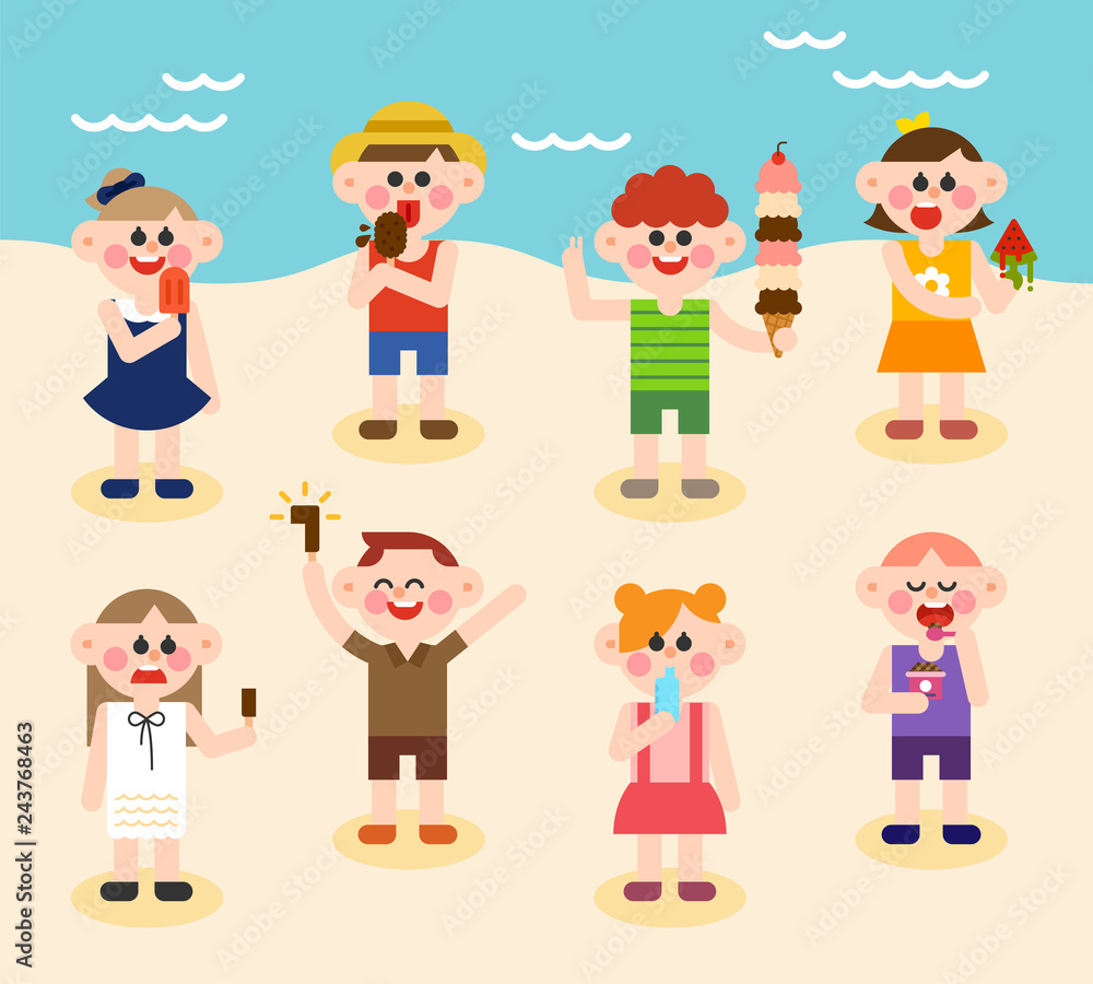 Cute children eating delicious ice cream on the beach. flat design vector graphic style concept illustration. Cute children eating delicious ice cream on the beach. flat design vector graphic style concept illustration.