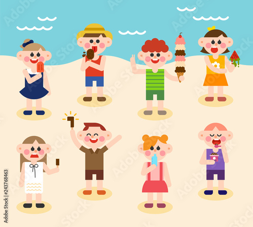 Cute children eating delicious ice cream on the beach. flat design vector graphic style concept illustration.