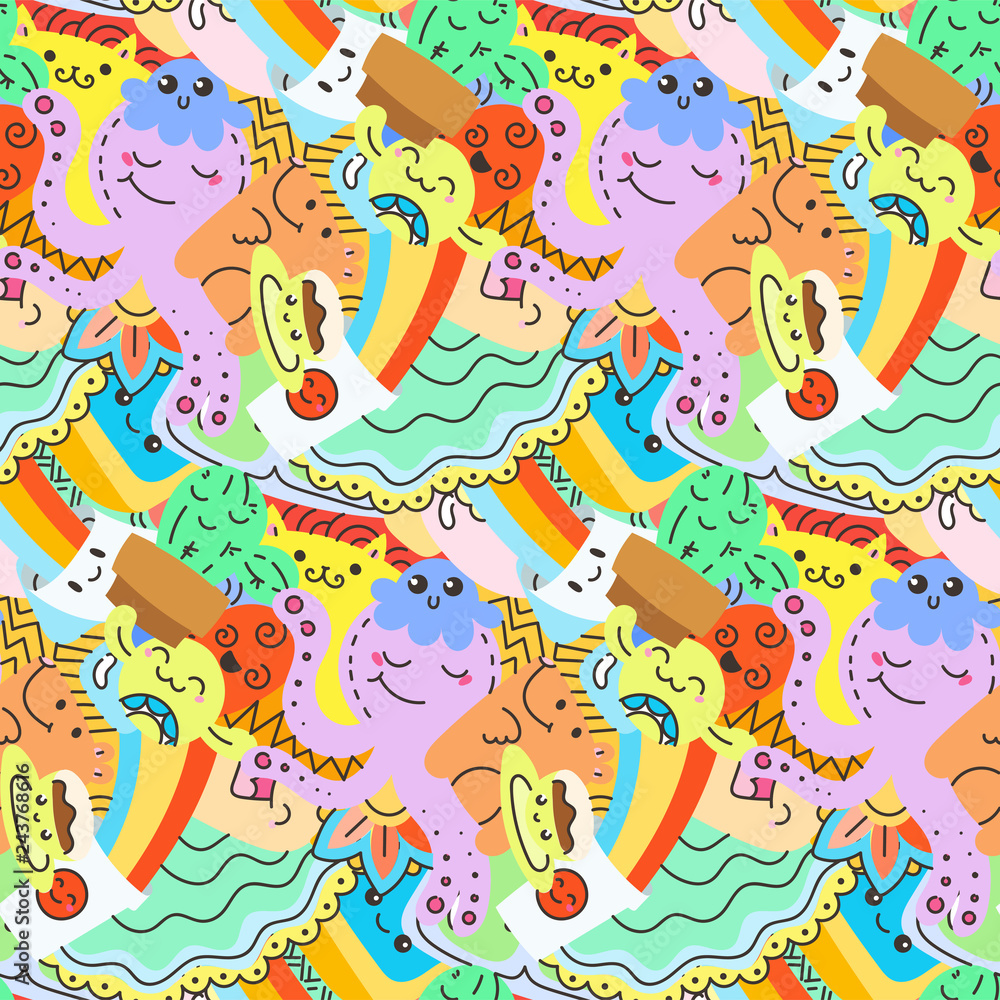 Funny doodle monsters on seamless pattern for prints, designs and coloring books Funny doodle monsters on seamless pattern for prints, designs and coloring books