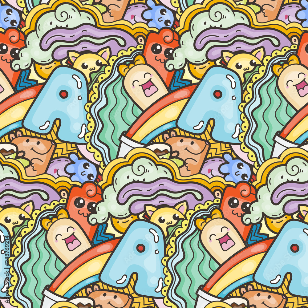 Funny doodle monsters on seamless pattern for prints, designs and coloring books