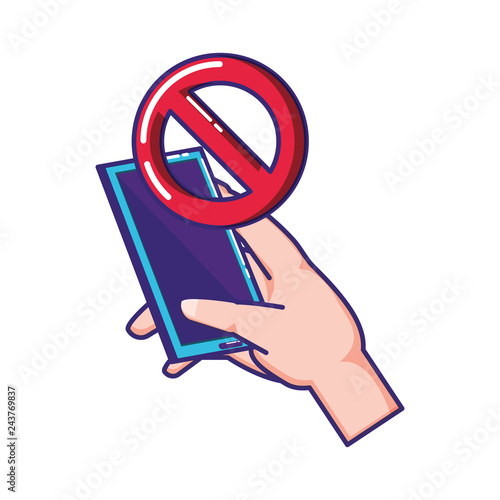 hand using smartphone with denied symbol