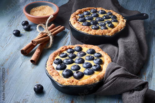 Foto Delicious Blueberry tartlets with vanilla custard cream on light rustic backgrou