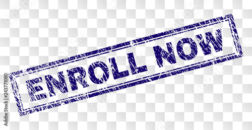 ENROLL NOW stamp seal watermark with rubber print style and double framed rectangle shape. Stamp is placed on a transparent background.